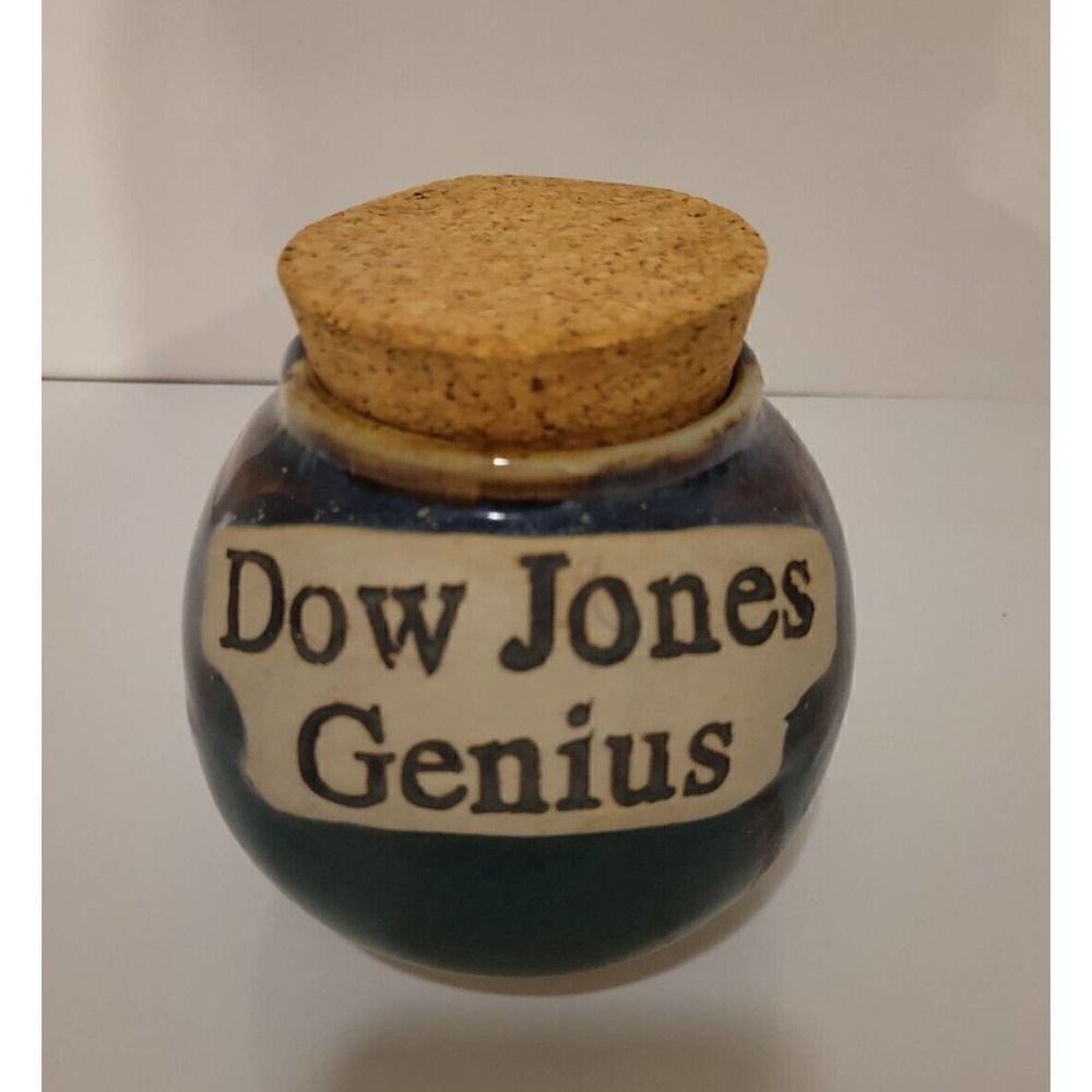 Tumbleweed Pottery NC Dow Jones Genius Cork Coin Blue Drip Pottery Bank Jar